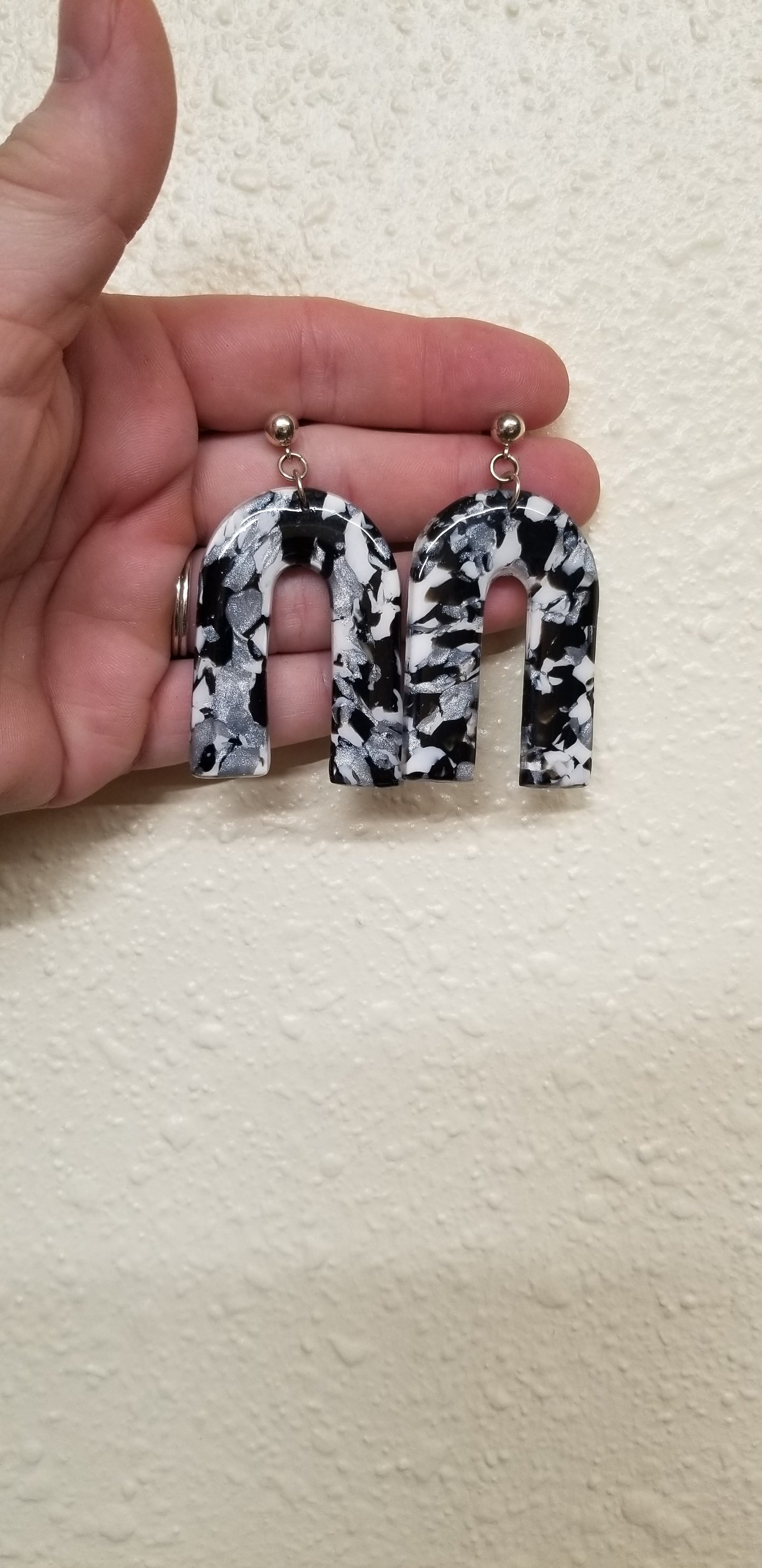 Marbled - Lexy Statement Earrings - Black, Silver and White