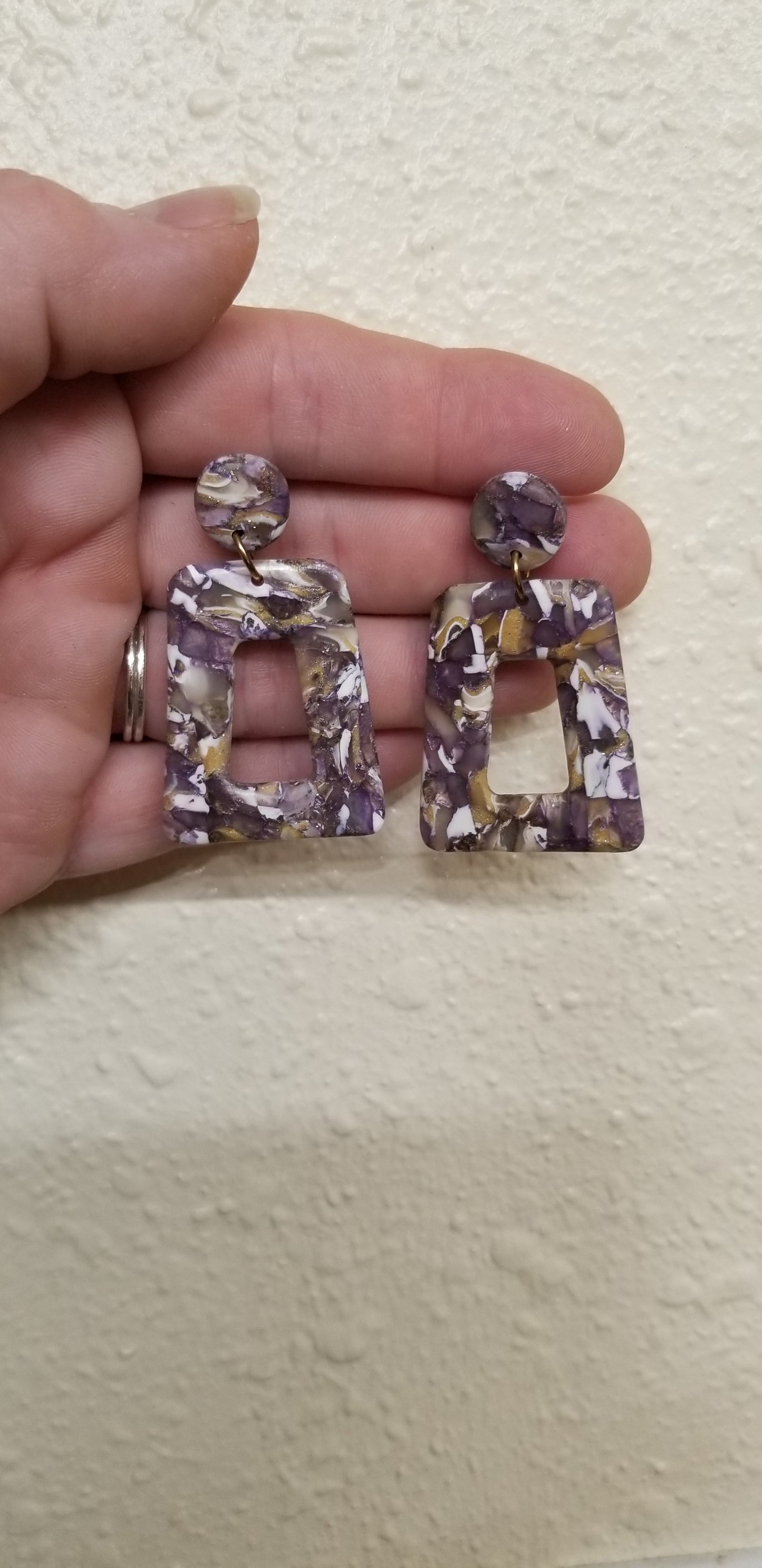 Marbled - Amelia Statement Earrings - Purple, Gold and White