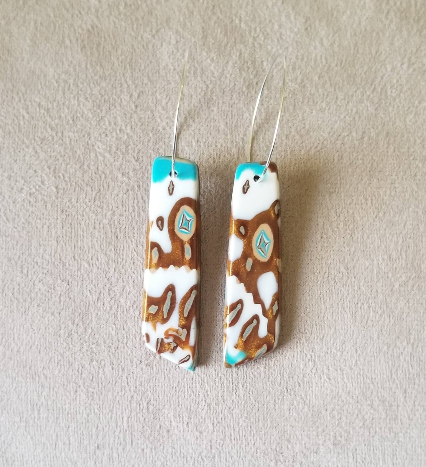 OOAK Polymer Clay Mokume Gane Turquoise, White and Dark Gold Earrings