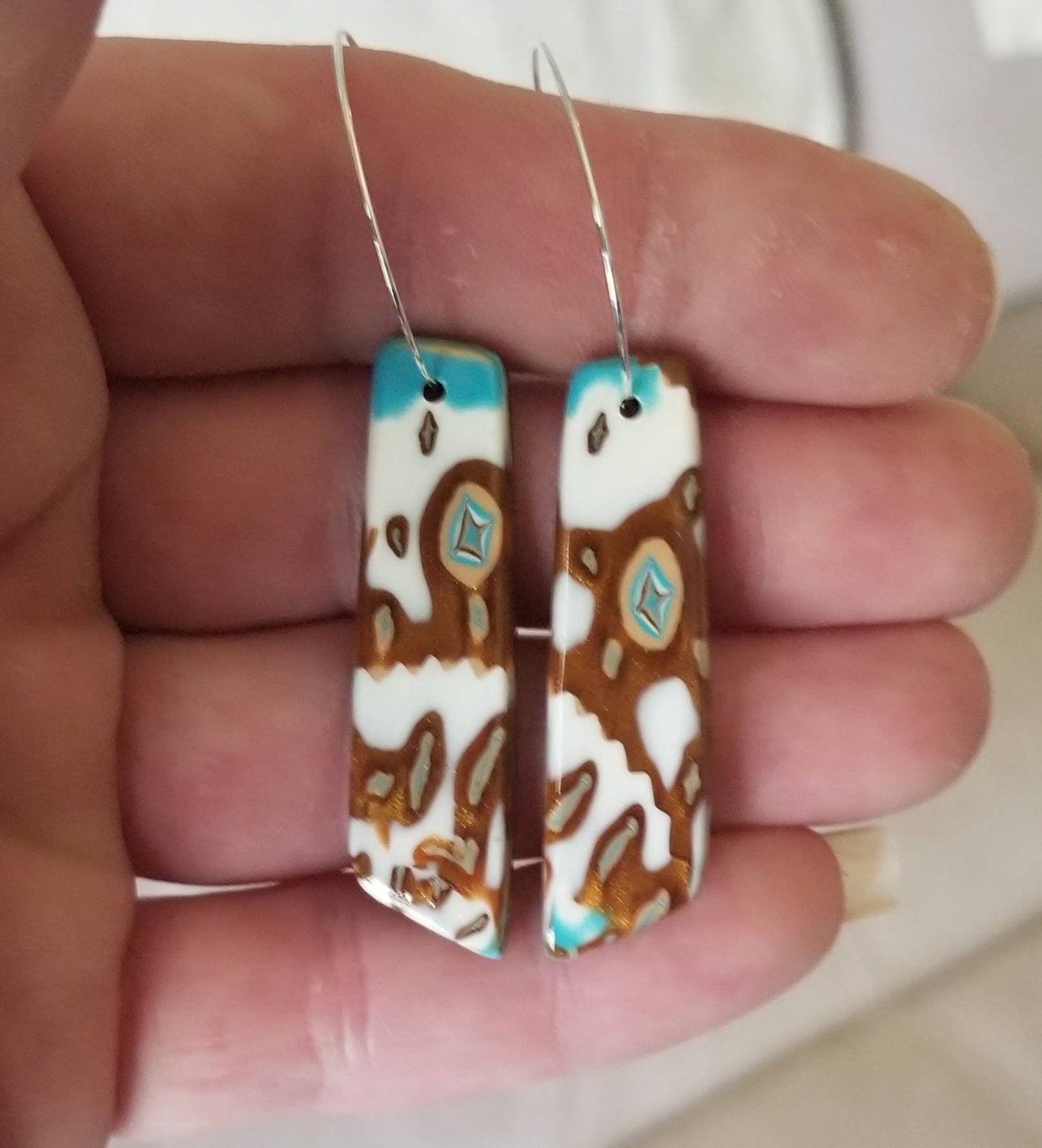 OOAK Polymer Clay Mokume Gane Turquoise, White and Dark Gold Earrings
