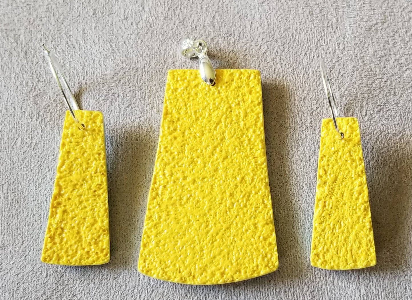 Mokume Gane - Pendant and Earring Set - Teal, Lt Blue, and Yellow #1