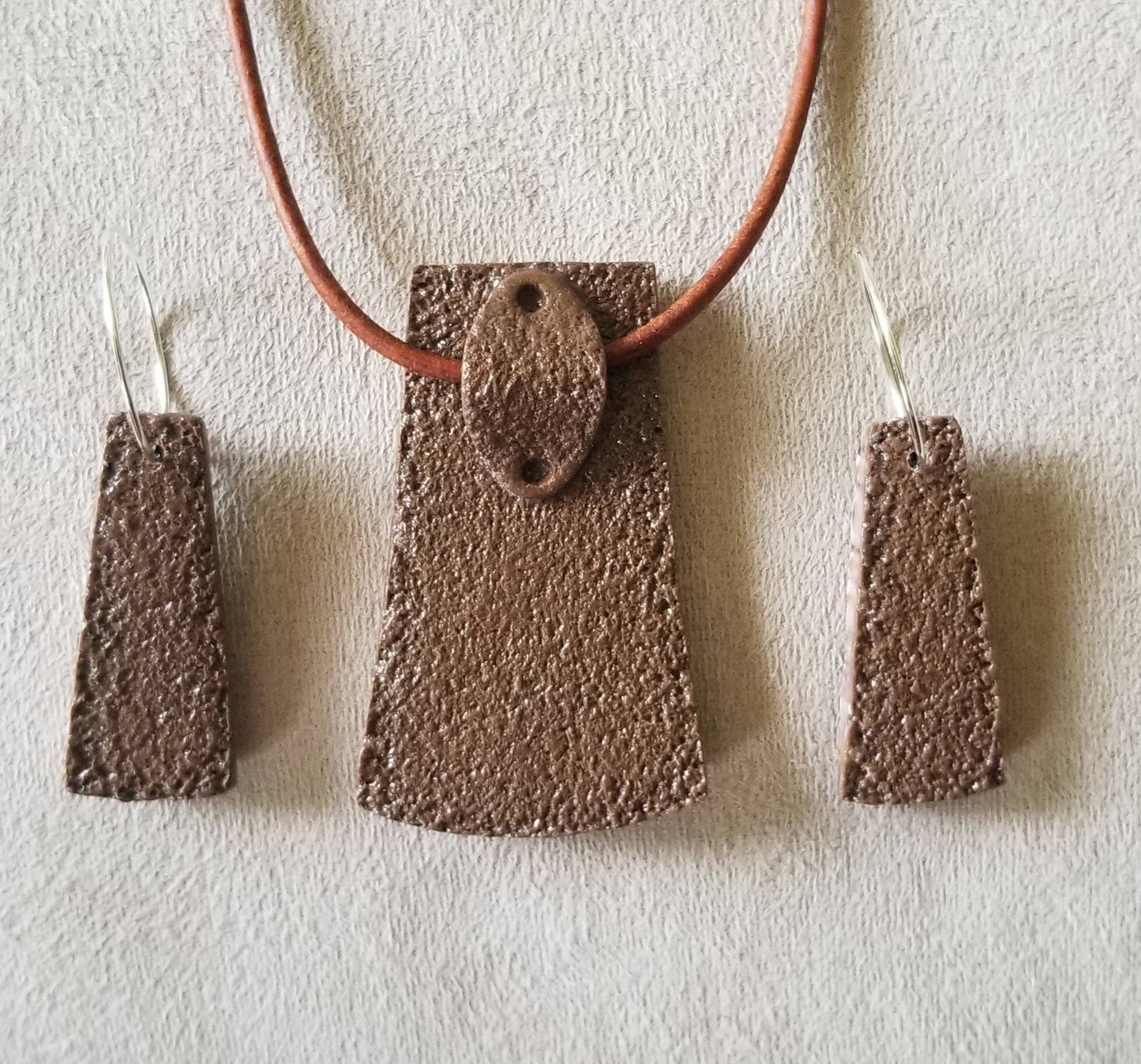 Embossed Mokume Gane - Pendant and Earring Set - Brown, Beige, and White w/Dk Brown #1