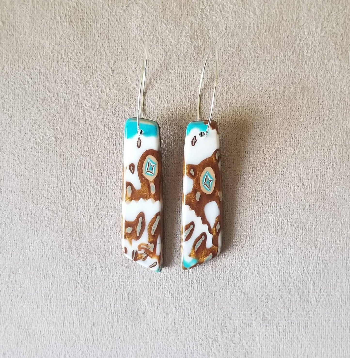 OOAK Polymer Clay Mokume Gane Turquoise, White and Dark Gold Earrings