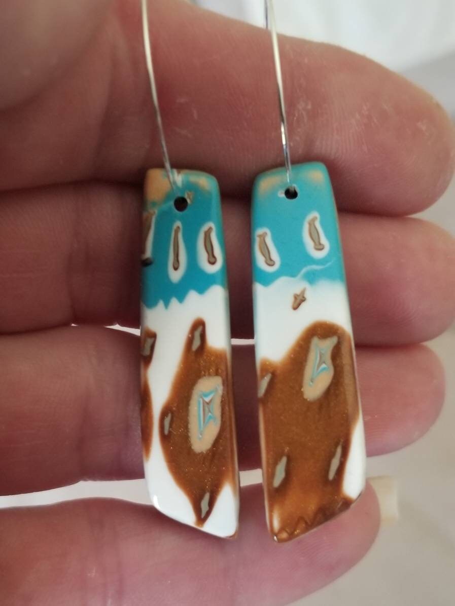 Mokume Gane - Mia Statement Earrings - Turquoise, Dark Gold, and White #10