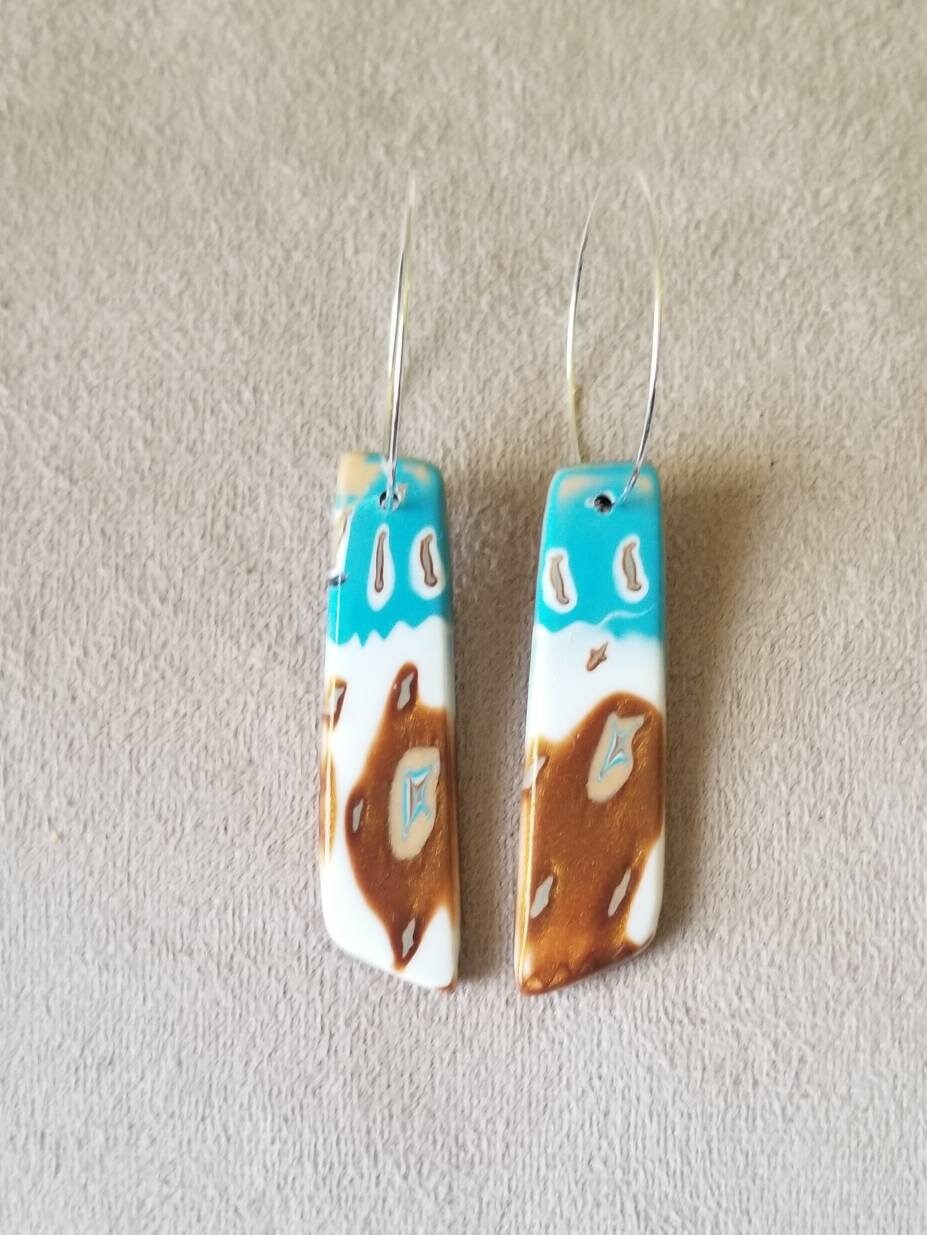 Mokume Gane - Mia Statement Earrings - Turquoise, Dark Gold, and White #10
