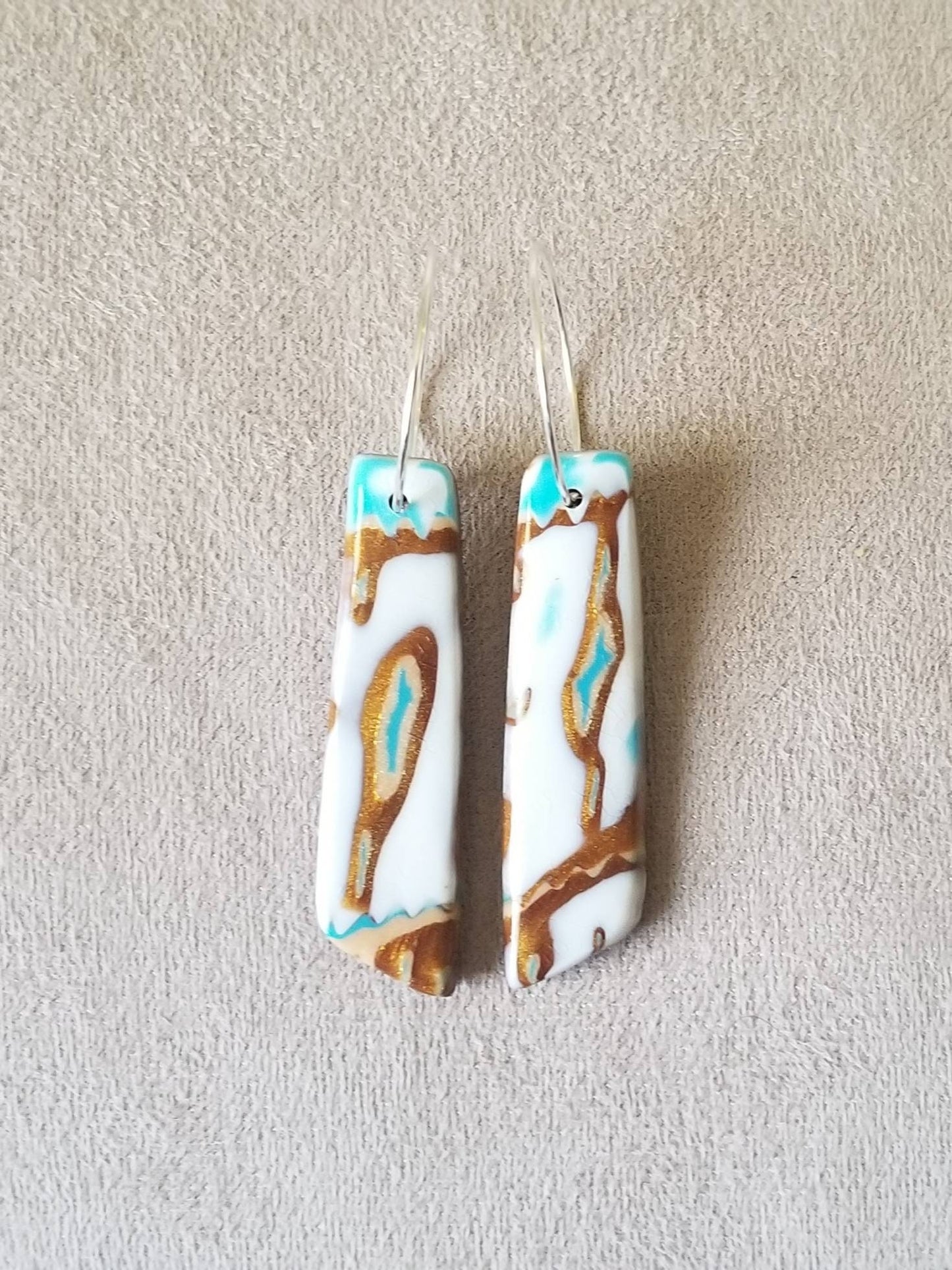 Mokume Gane - Mia Statement Earrings - Turquoise, Dark Gold, and White #3