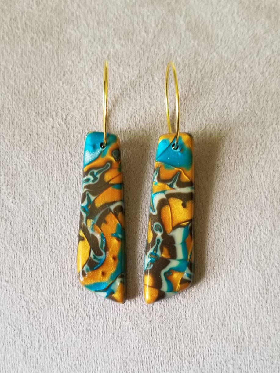 Mokume Gane - Mia Statement Earrings - Teal, Gold, and Dark Brown #5