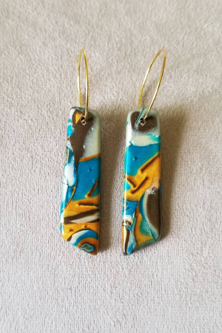 Mokume Gane - Mia Statement Earrings - Teal, Gold, and Dark Brown, #2
