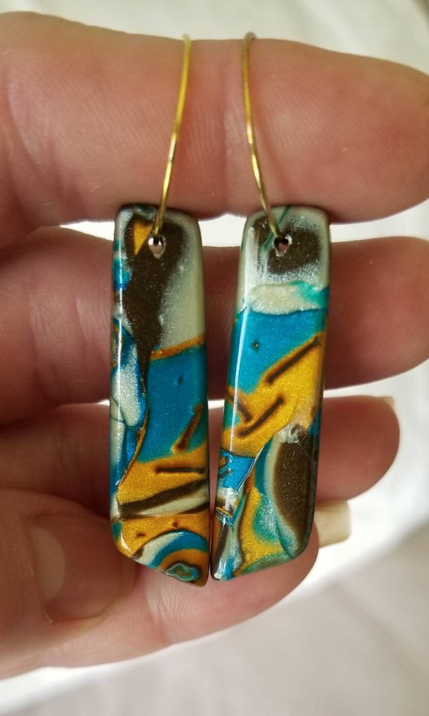 Mokume Gane - Mia Statement Earrings - Teal, Gold, and Dark Brown, #2