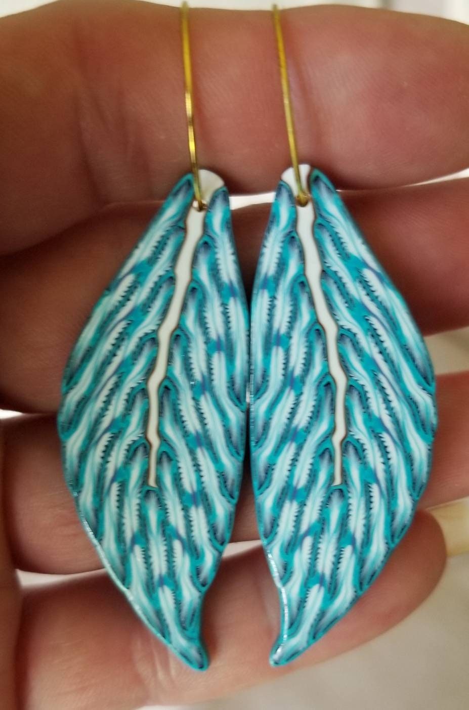 Boho Feather Statement Earrings - Lt Blue and White