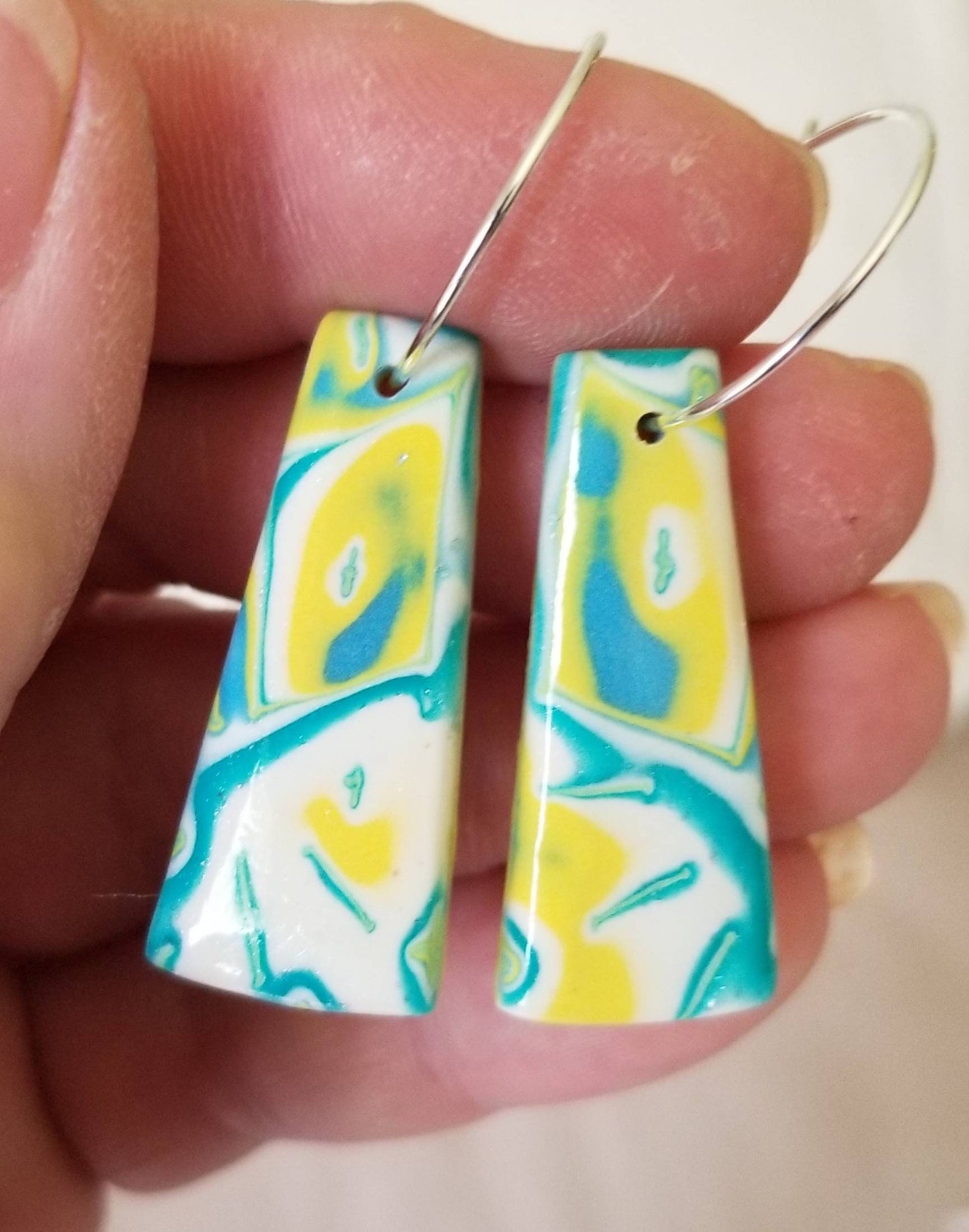 Mokume Gane - Pendant and Earring Set - Teal, Lt Blue, and Yellow #2