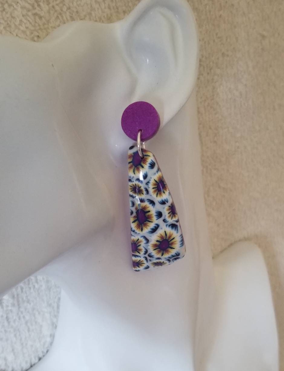Floral - Purple, Blue, Yellow, and White, Flower Statement Earrings