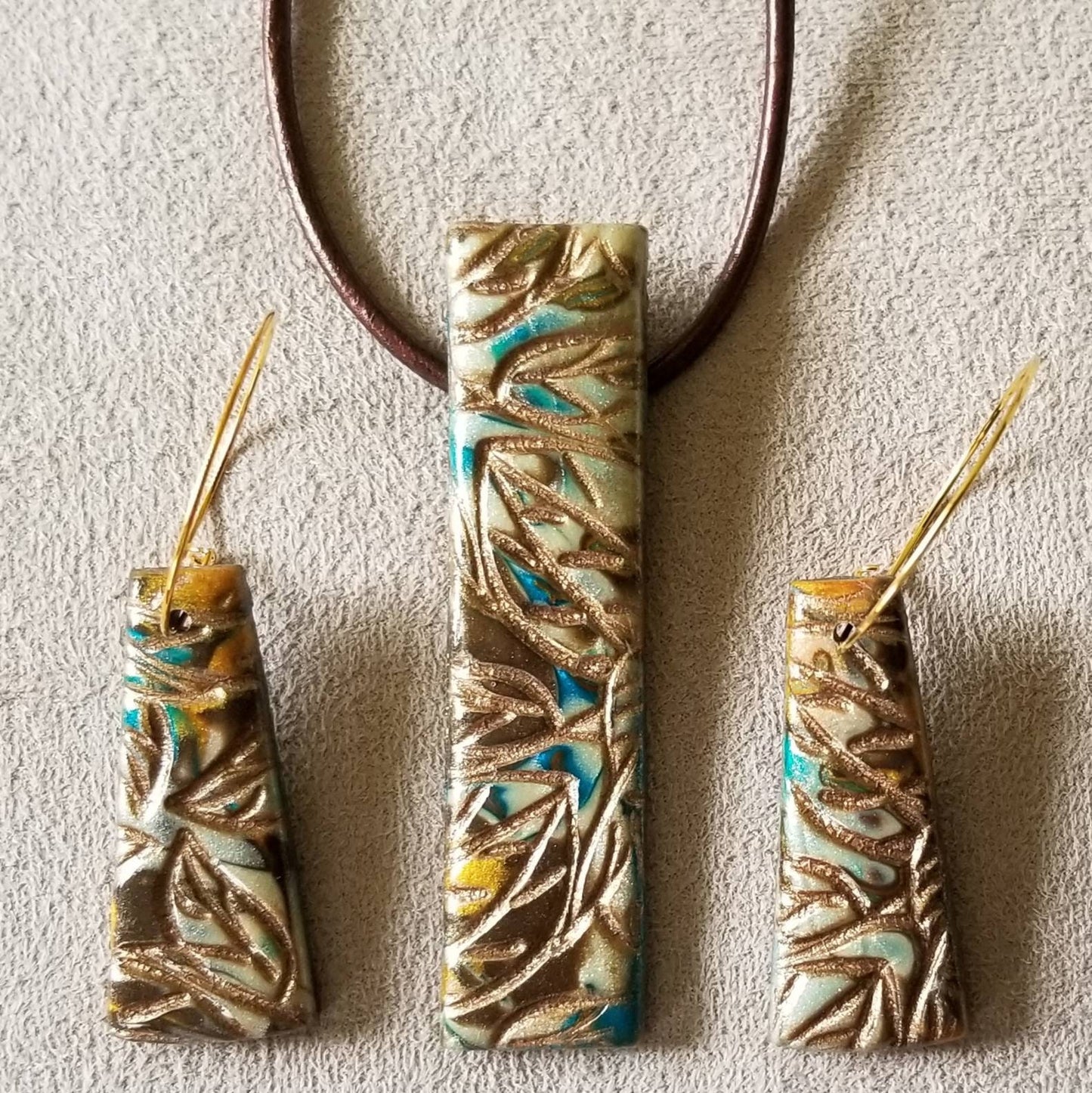 Embossed Mokume Gane - Pendant and Earring set - Teal, Dk Brown, Gold, and Pearl w/Ant Bronze