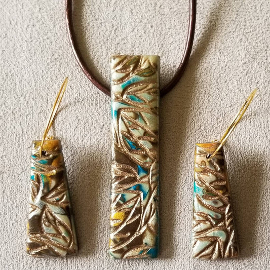Embossed Mokume Gane - Pendant and Earring set - Teal, Dk Brown, Gold, and Pearl w/Ant Bronze