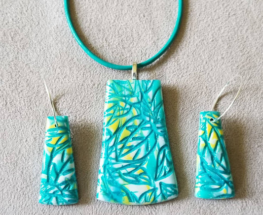 Embossed Mokume Gane - Pendant and Earring Set - Turq, Yellow, Lt Blue, and White w/Aquamarine