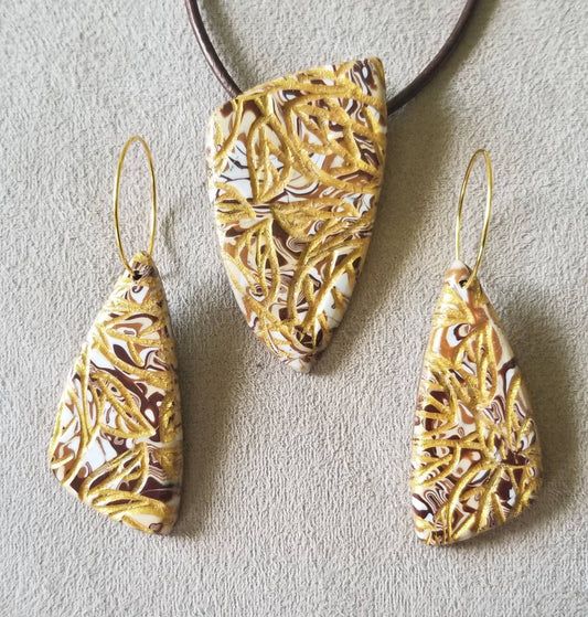 Embossed Mokume Gane - Pendant and Earring Set - Dk Brown, Gold, Beige, and White w/ Gold