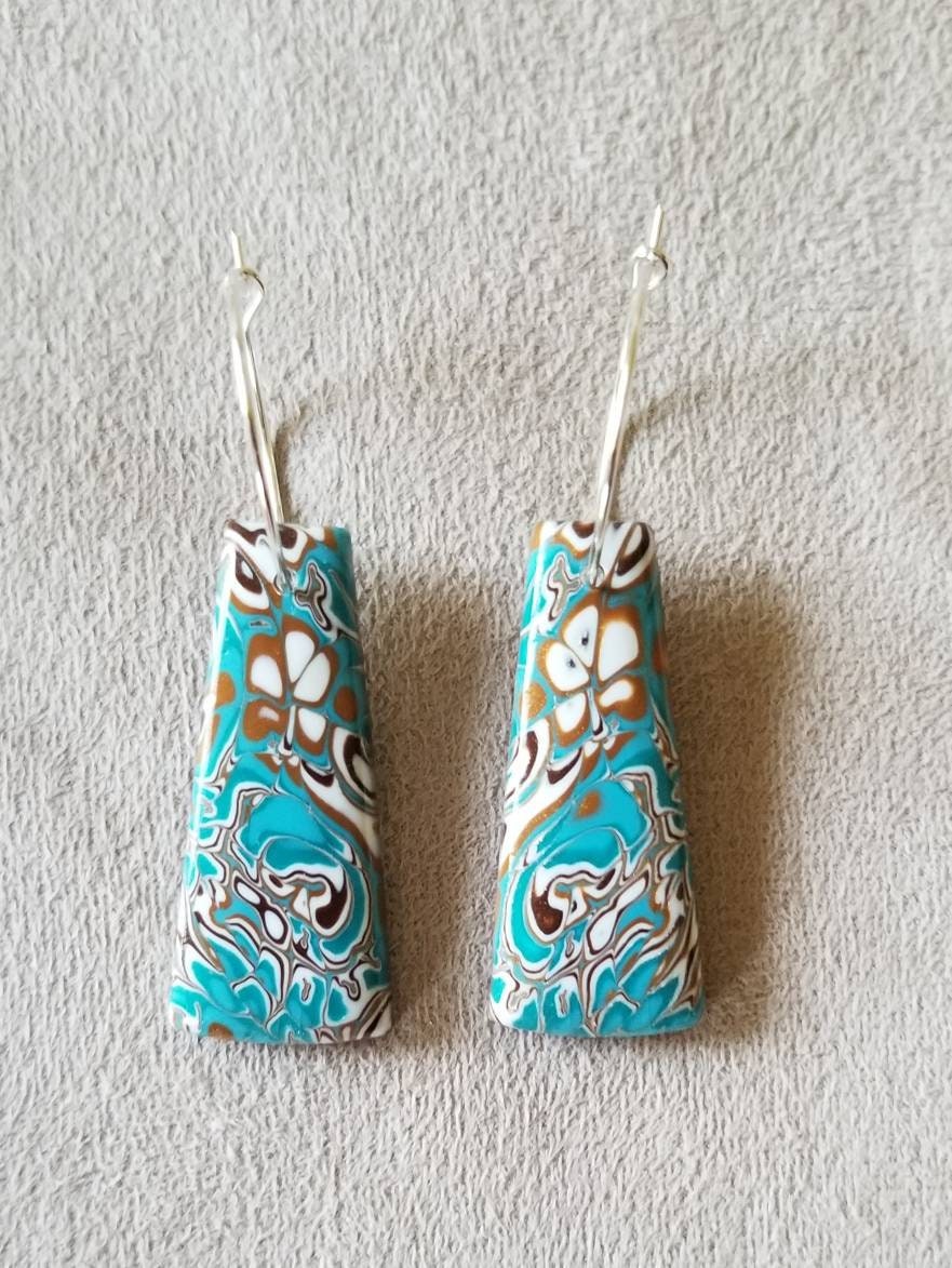 Mokume Gane - Pendant and Earring Set - Turquoise, Dark Gold, Brown, and White #1