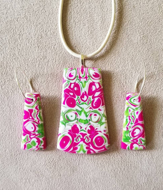 Mokume Gane - Pendant and Earring Set - Fushia and Pearl Green