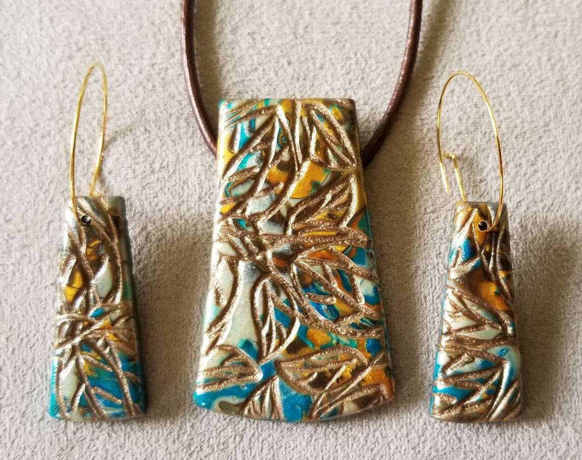 Embossed Mokume Gane - Pendant and Earring Set - Teal, Gold, and Dk Brown w/Ant Bronze