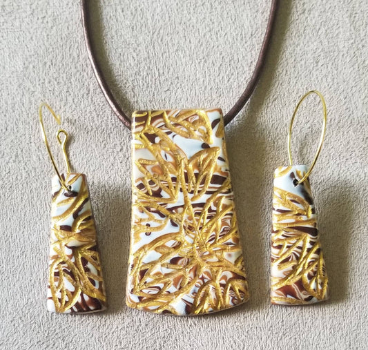 Embossed Mokume Gane - Pendant and Earring Set - White, Dk Brown, and Beige w/Gold