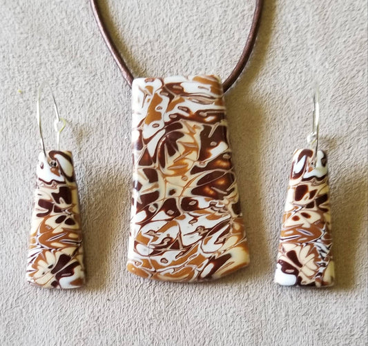 Mokume Gane - Pendant and Earring Set - Brown, Tan, Beige, and White