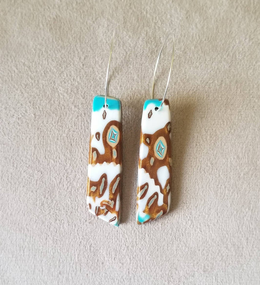 OOAK Polymer Clay Mokume Gane Turquoise, White and Dark Gold Earrings