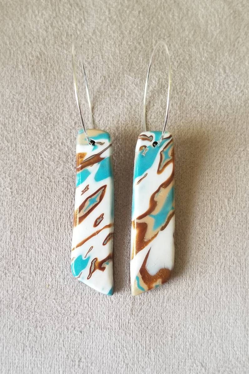 Mokume Gane - Mia Statement Earrings - Turquoise, Dark Gold and White #11