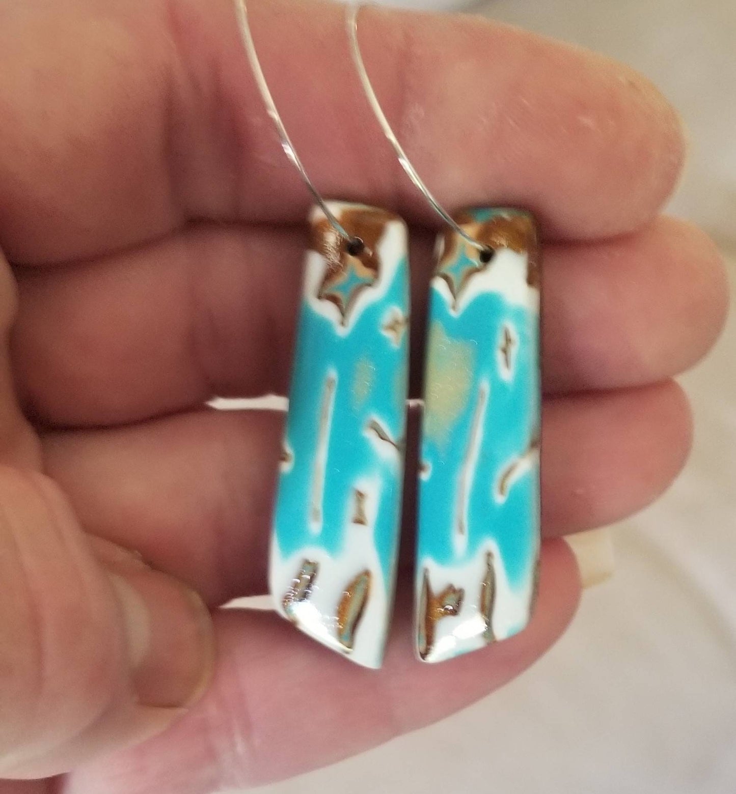 Mokume Gane - Mia Statement Earrings - Turquoise, Dark Gold, and White #8