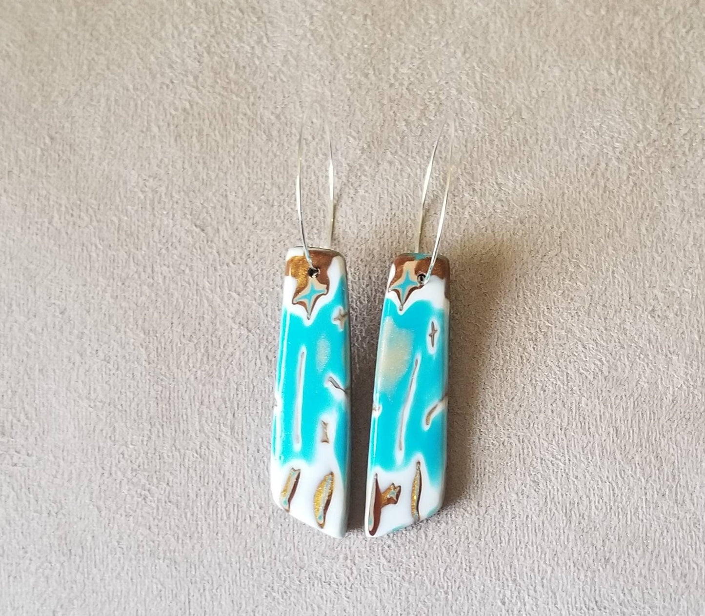 Mokume Gane - Mia Statement Earrings - Turquoise, Dark Gold, and White #8