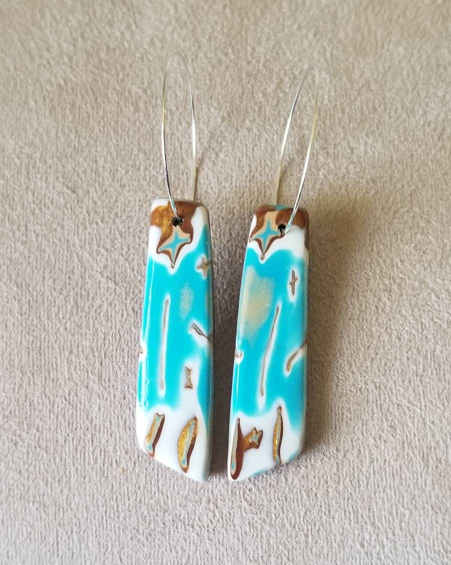 Mokume Gane - Mia Statement Earrings - Turquoise, Dark Gold, and White #8