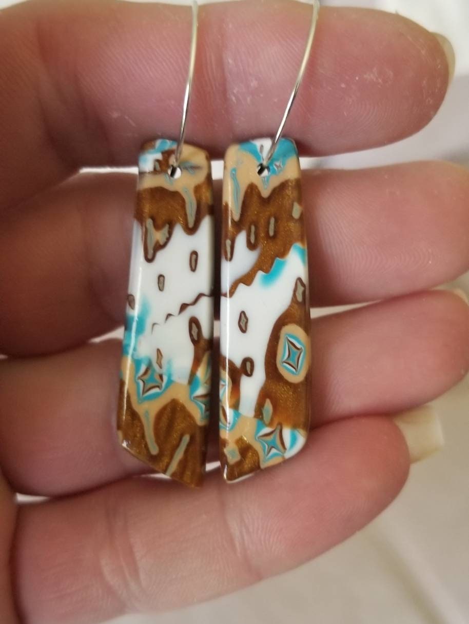 Mokume Gane - Mia Statement Earrings - Turquoise, Dark Gold, and White #7