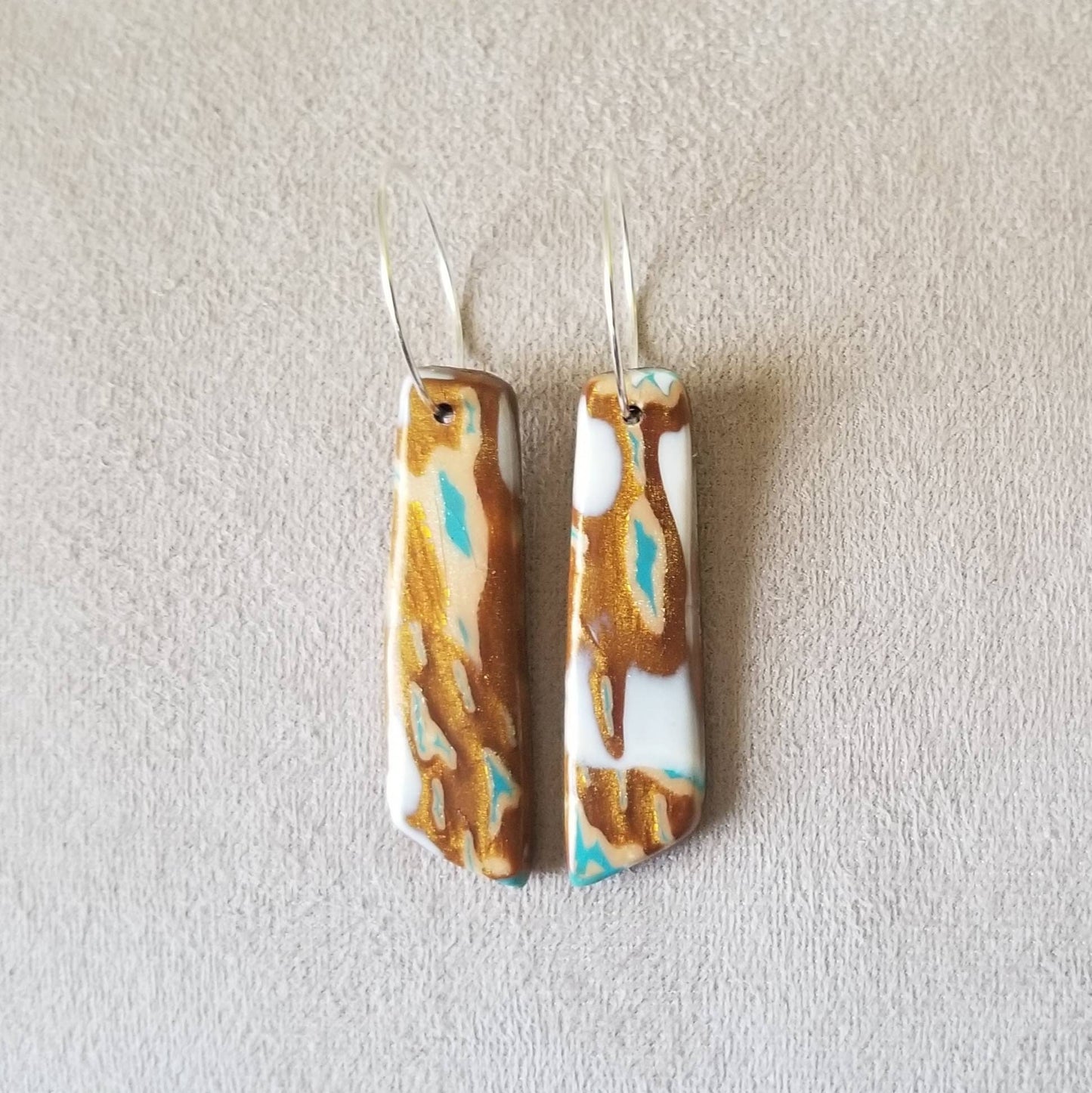 Mokume Gane - Mia Statement Earrings - Turquoise, Dark Gold and White #5