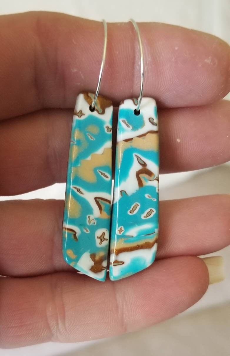 Mokume Gane - Mia Statement Earrings - Turquoise, Dark Gold, and White #6