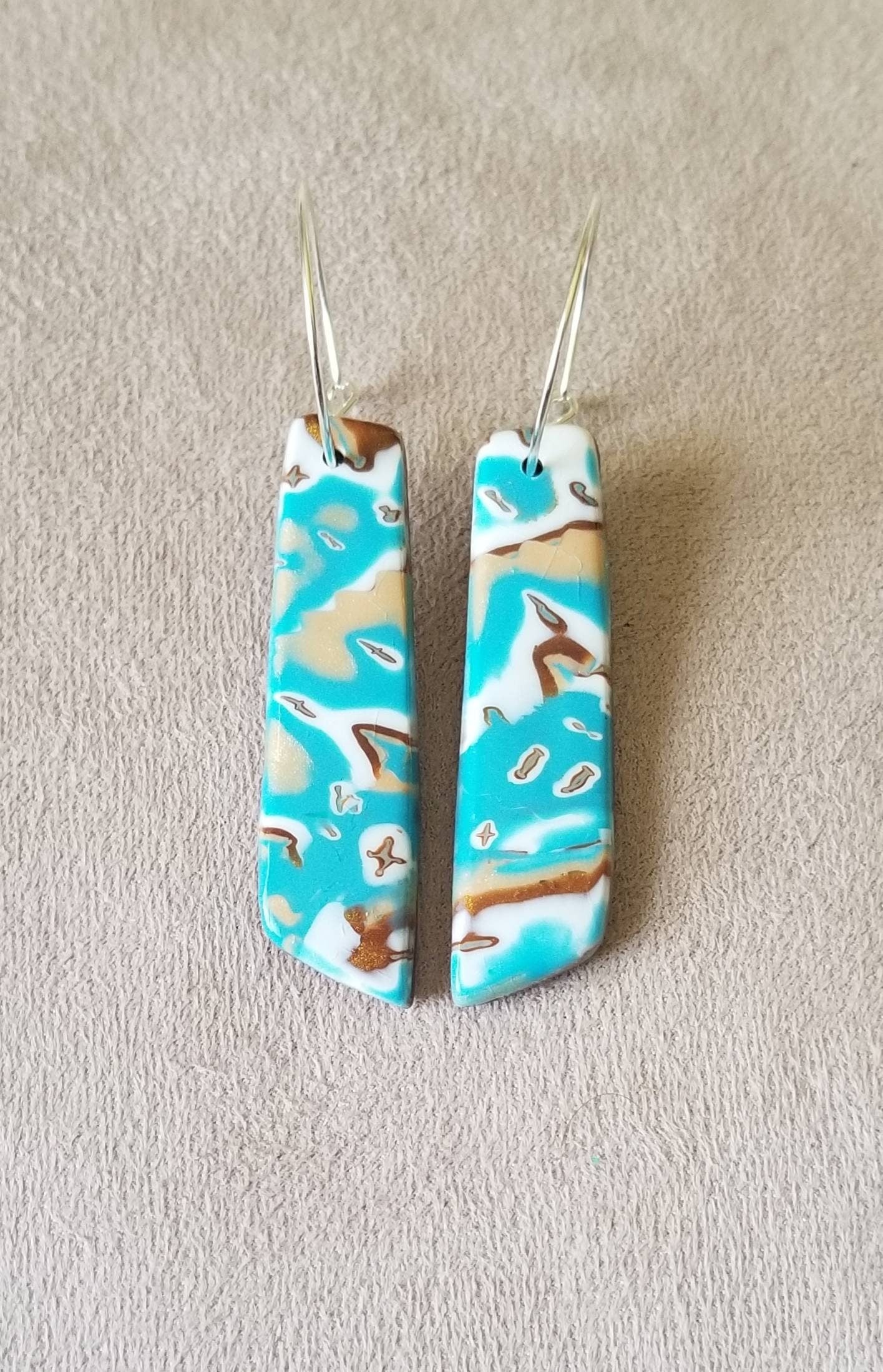 Mokume Gane - Mia Statement Earrings - Turquoise, Dark Gold, and White #6