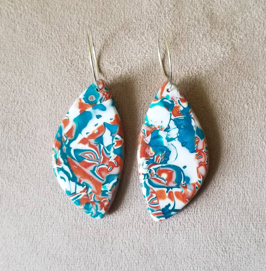 Mokume Gane - Shayna Statement Earrings - Copper, Teal, and White