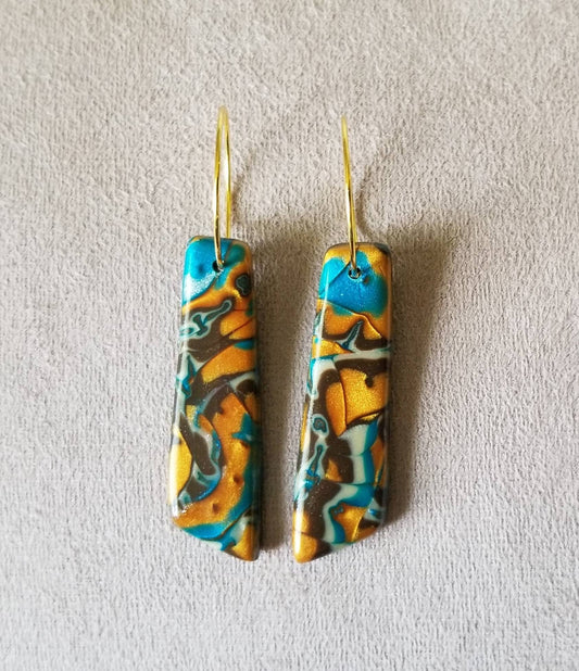 Mokume Gane - Mia Statement Earrings - Teal, Gold, and Dark Brown #5