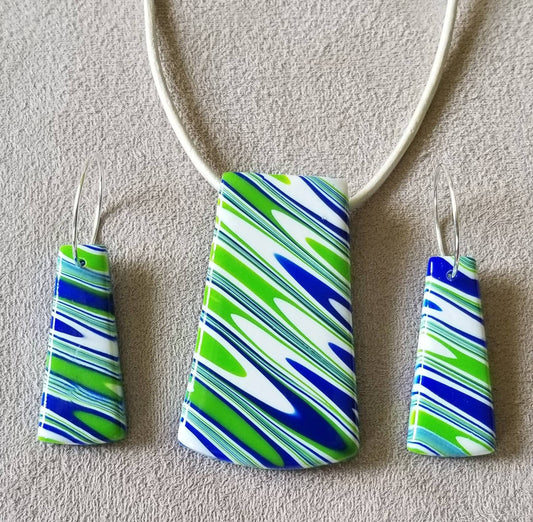 Klimt - Pendant and Earring Set- Blue & Green Sideways Slice