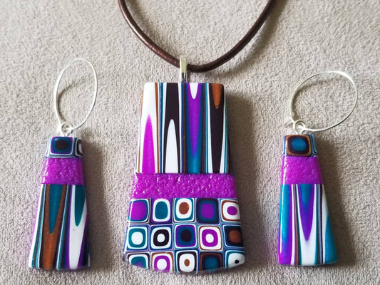 Klimt - Pendant and Earring Set - Fushia, Black, & Teal