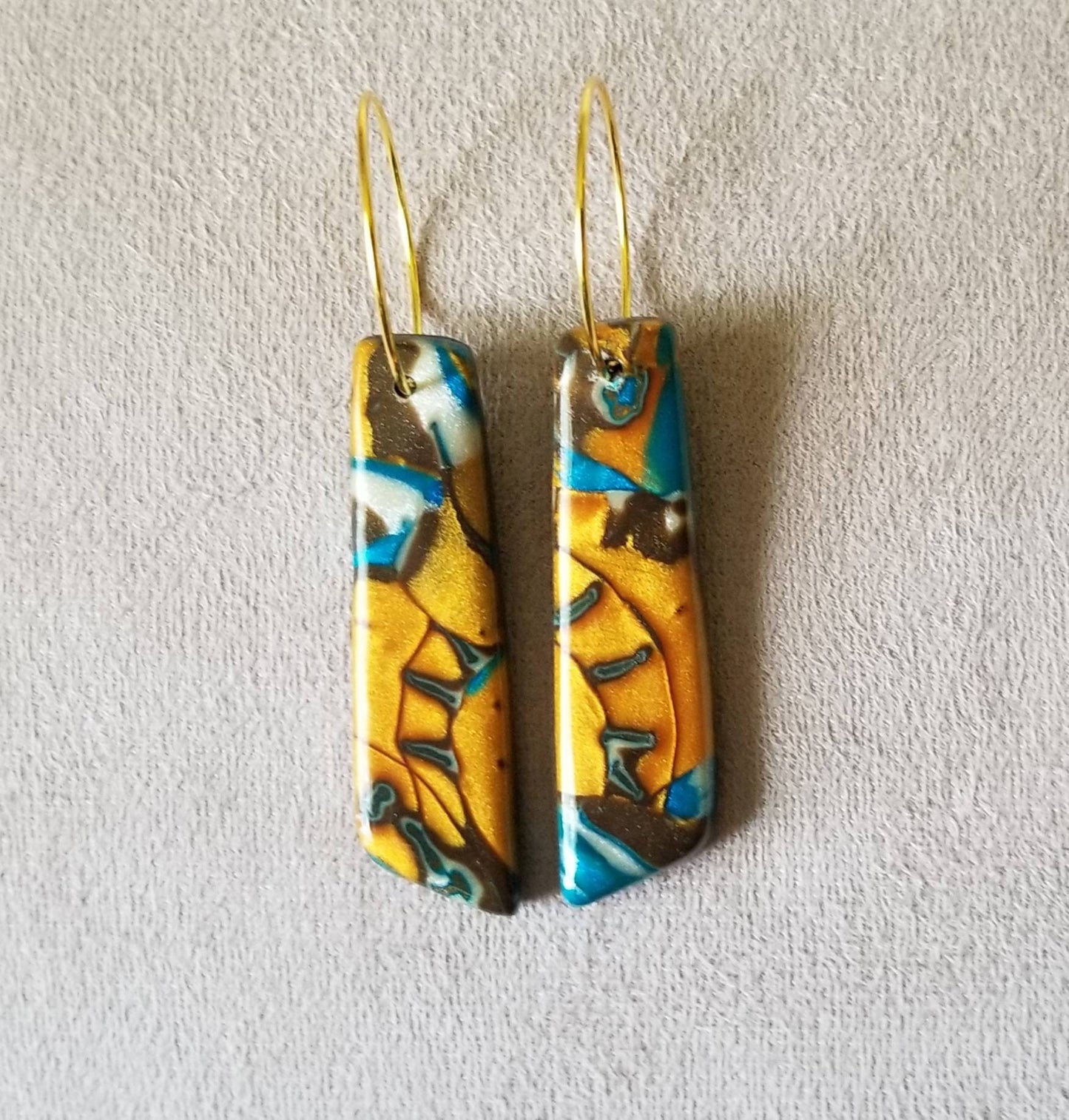 Mokume Gane - Mia Statement Earrings - Teal, Gold, and Dark Brown #1