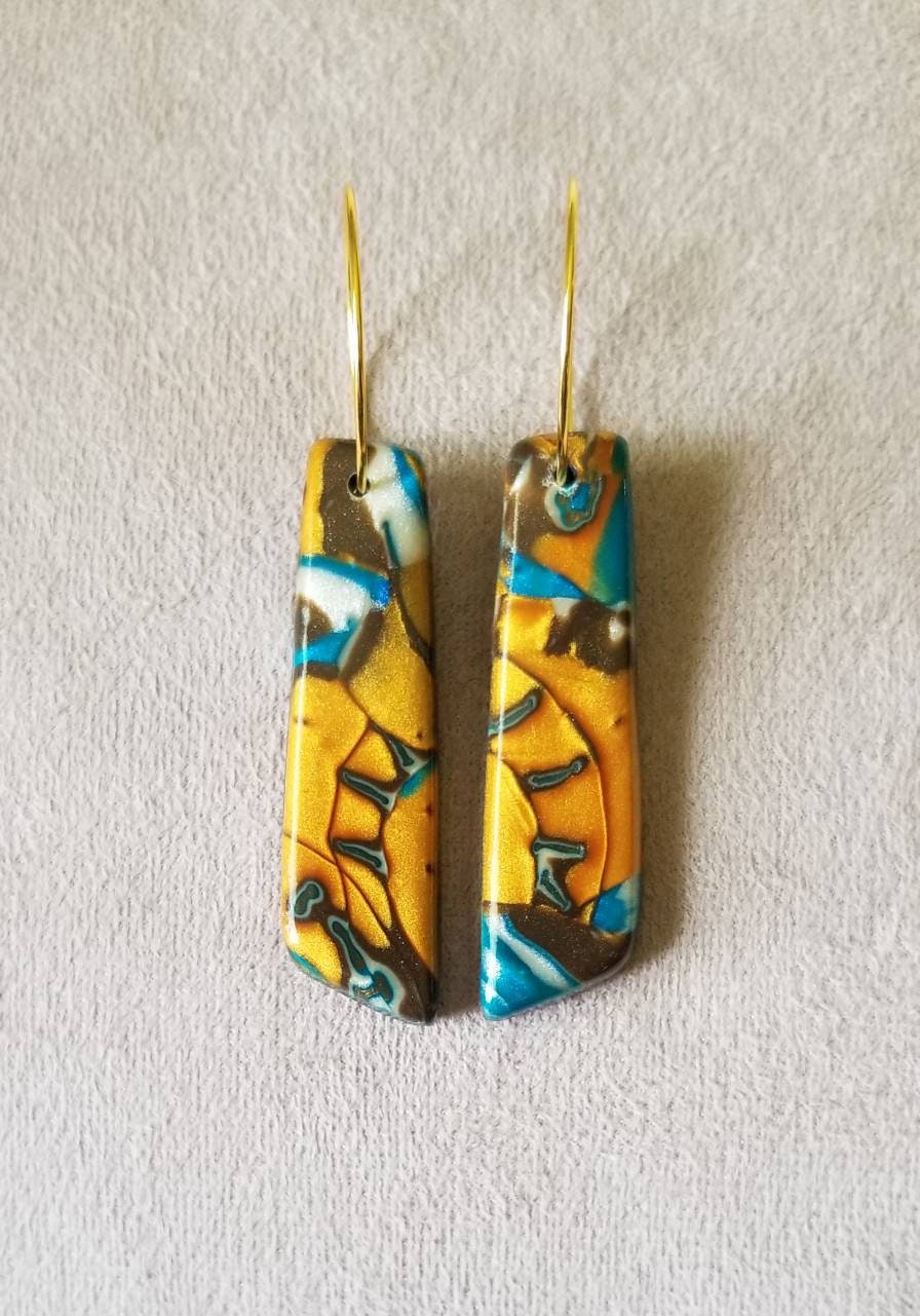 Mokume Gane - Mia Statement Earrings - Teal, Gold, and Dark Brown #1