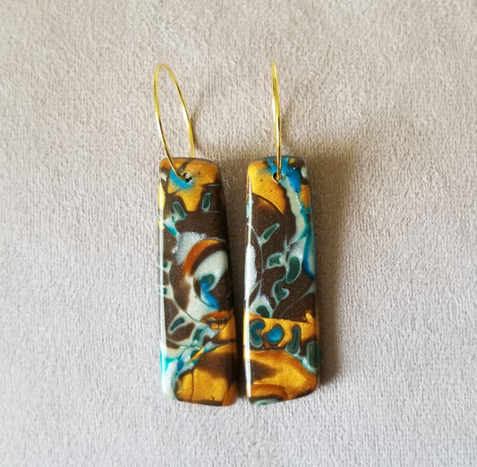 Mokume Gane - Livvy Statement Earrings - Teal, Gold, and Dark Brown #1