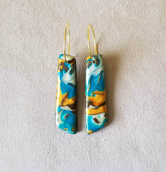 Mokume Gane - Mia Statement Earrings - Teal, Gold and Dark Brown #3