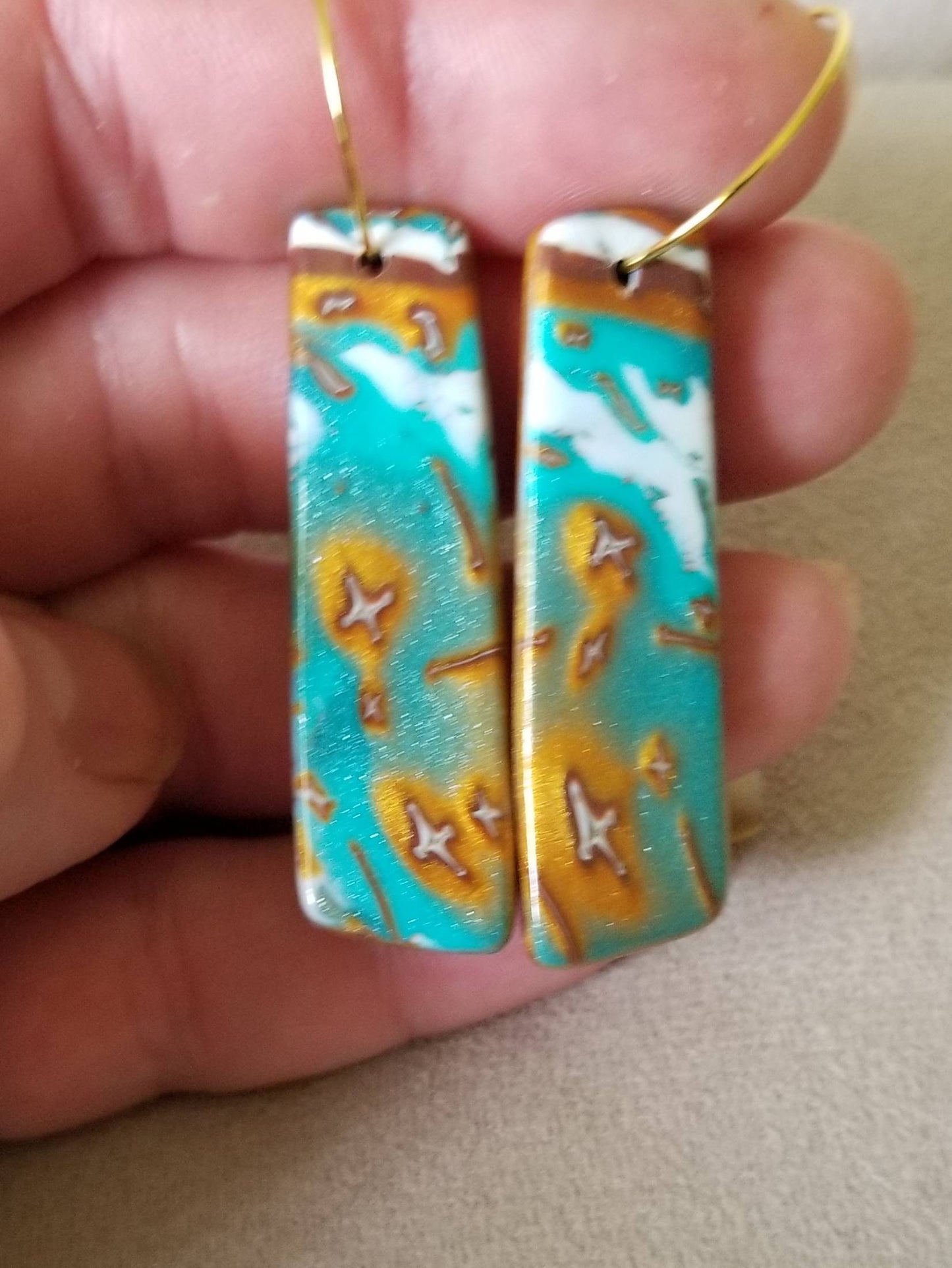 Mokume Gane - Livvy Statement Earrings - Turquoise, Gold, and Pearl #2