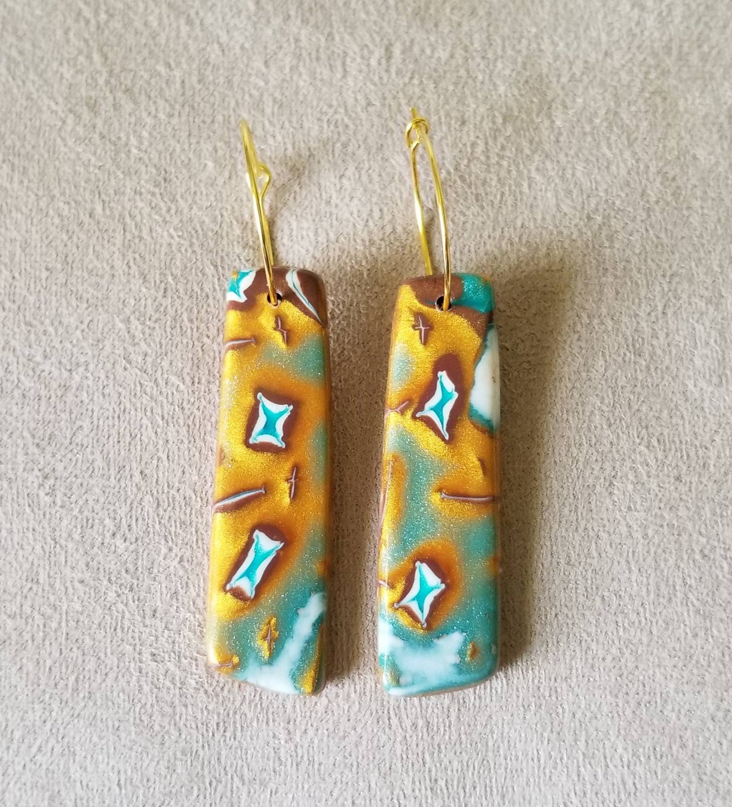 Mokume Gane - Livvy Statement Earrings - Turquoise, Gold, and Pearl #1