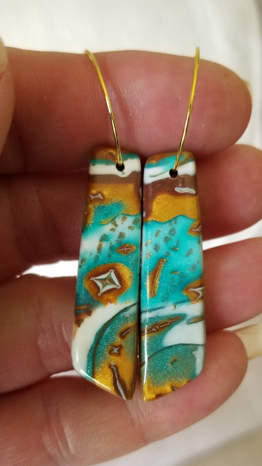 Mokume Gane- Mia Statement Earrings - Turquoise, Gold, Brown, and Pearl #1