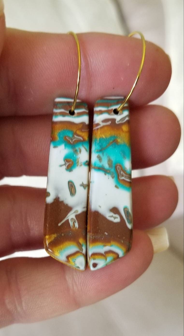 Mokume Gane - Mia Statement Earrings - Turquoise, Gold, Brown, and Pearl #3