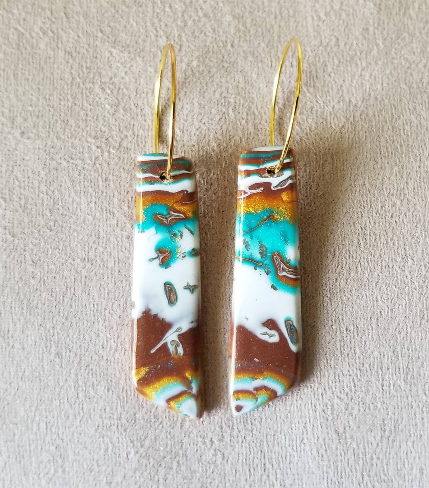 Mokume Gane - Mia Statement Earrings - Turquoise, Gold, Brown, and Pearl #3