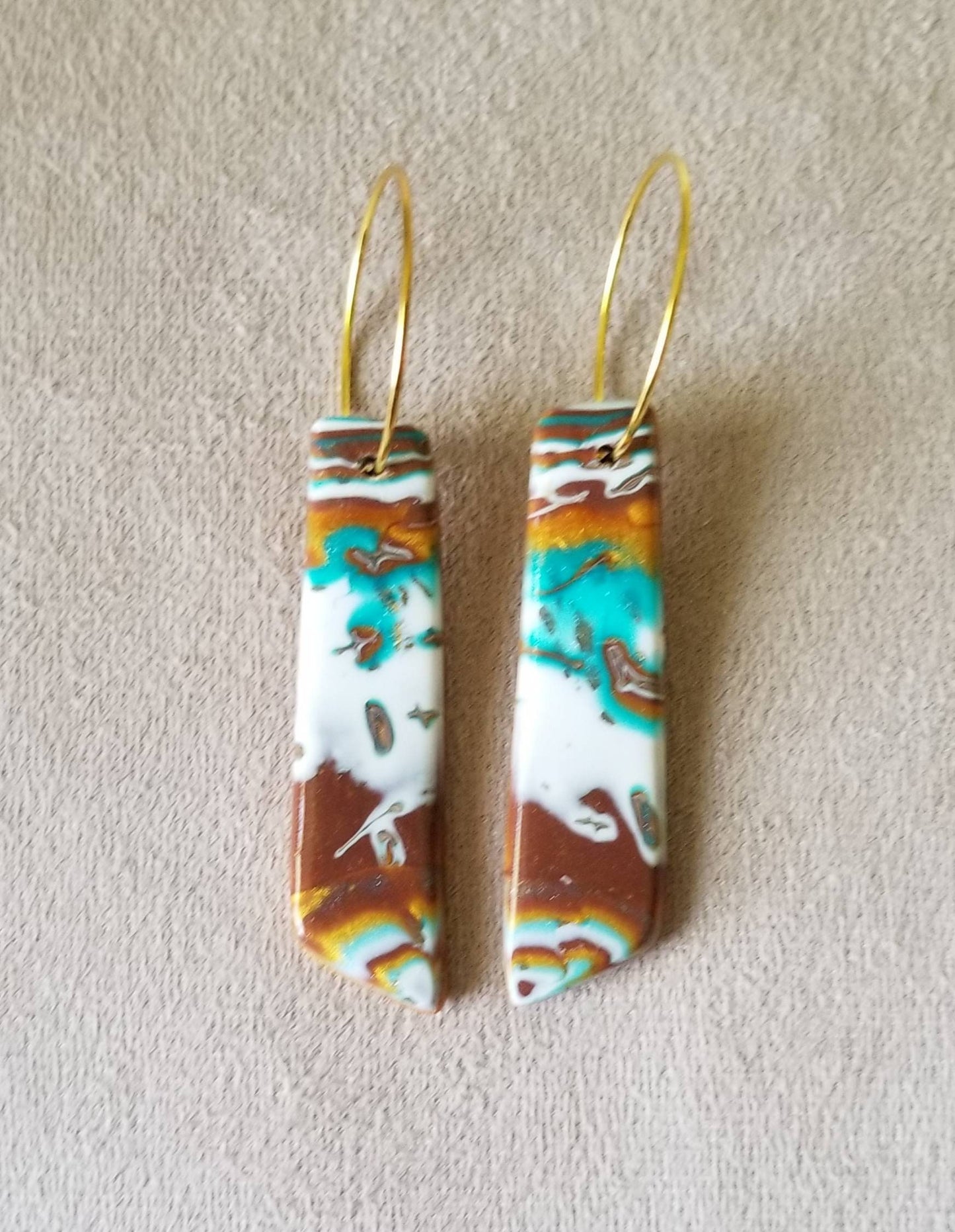 Mokume Gane - Mia Statement Earrings - Turquoise, Gold, Brown, and Pearl #3