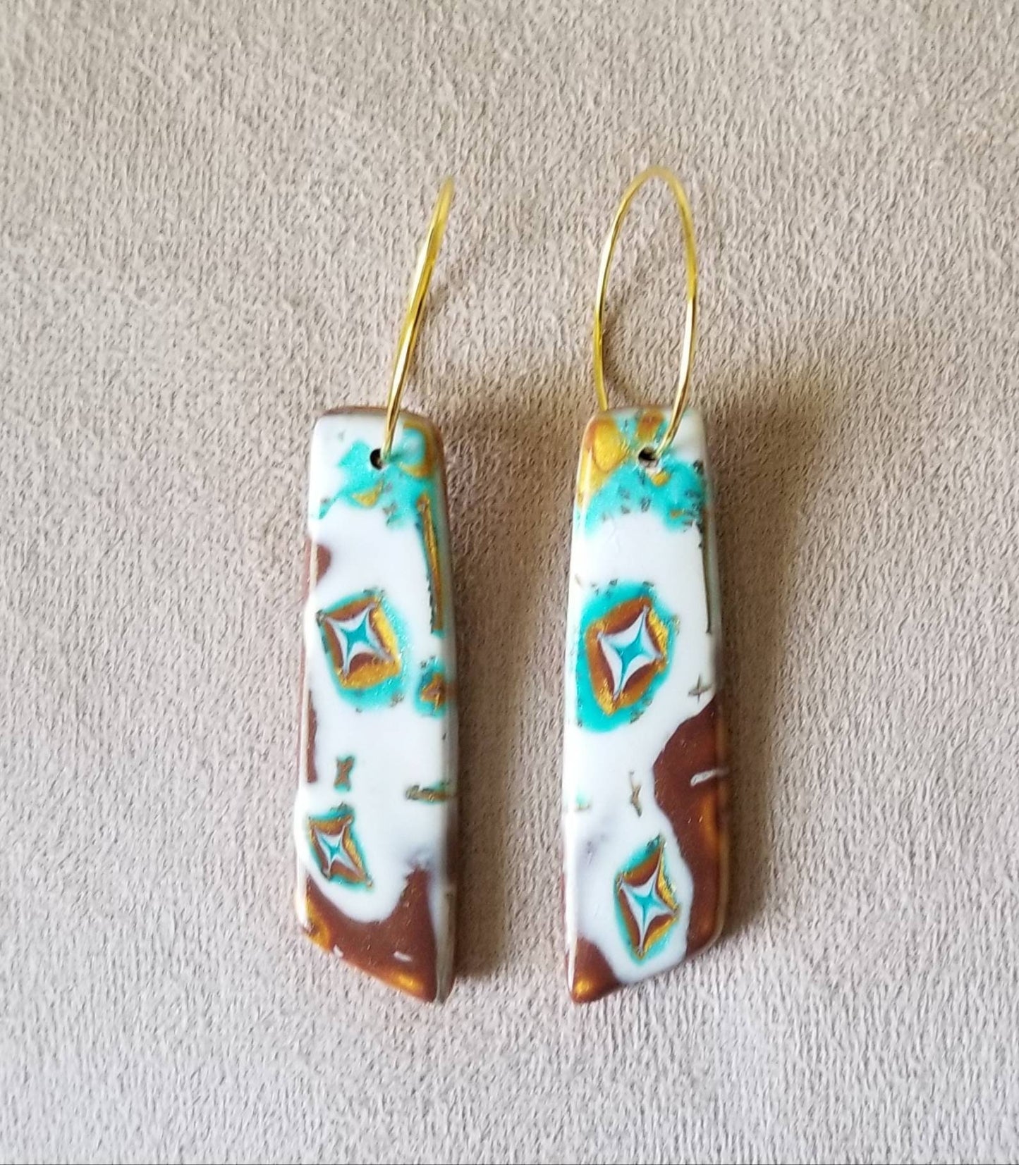 Mokume Gane _ Mia Statement Earrings Turquoise, Gold, Brown, and Pearl #4