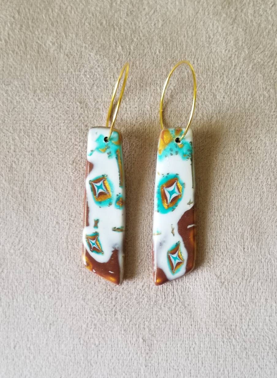 Mokume Gane _ Mia Statement Earrings Turquoise, Gold, Brown, and Pearl #4